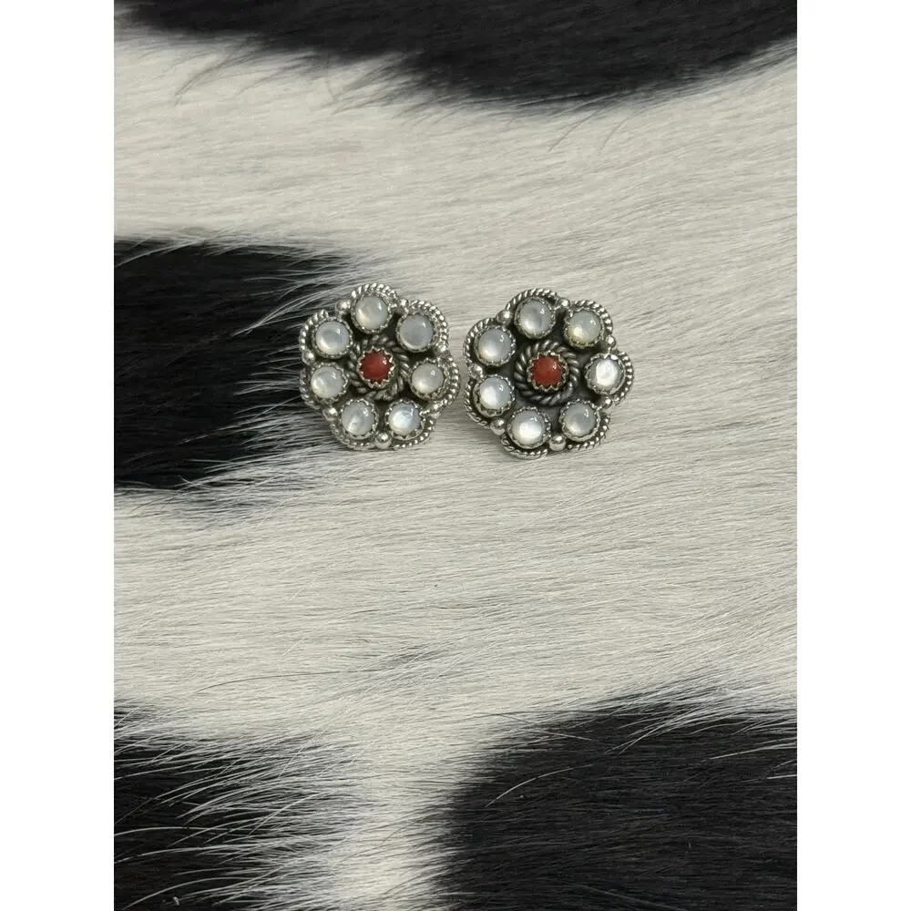 Native American Sterling Silver Mother Pearl Red Coral Cluster Flower Earrings